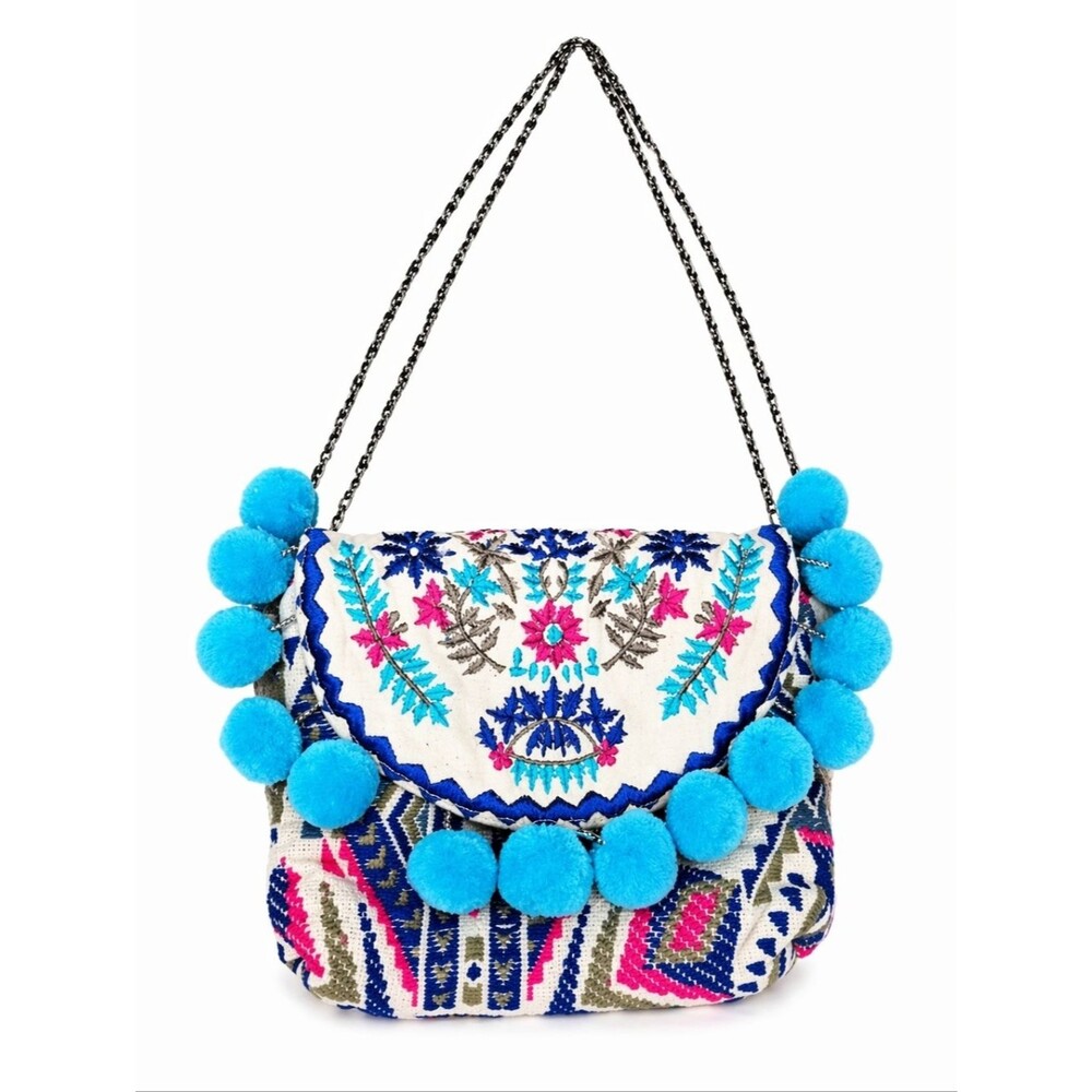 Paper Source Turquoise Pink Embroidered Pom Pom Crossbody Shoulder Clutch Bag